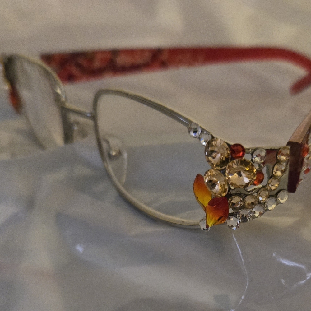 Women's Decorative Rhinestone Glasses with Orange Floral Accent
